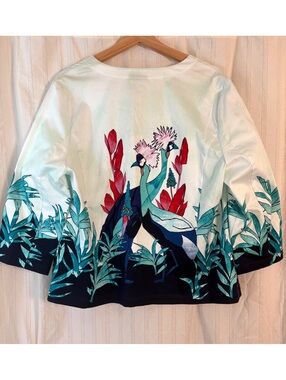 Chico's Crowned Crane Pattern Jacket in Satin Sky, Size 2 (Large 10-12) #print